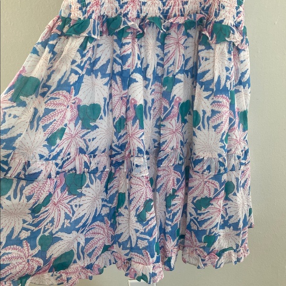 Oliphant Mini Dress Palm Tree Smocked back Cayman Blue Pink size M tired ruffles - Picture 11 of 11
